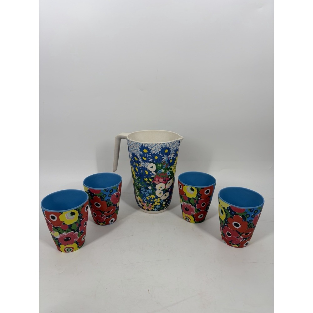 Anthropologie Sara Campbell Retro Pitcher & Cups Blue Floral Bamboo